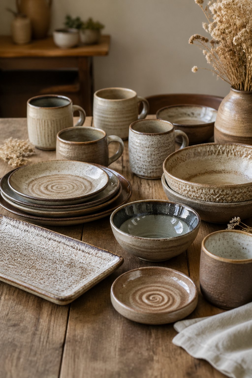 A wooden table set with a coordinated collection of handmade pottery dishes including plates, bowls, and mugs.