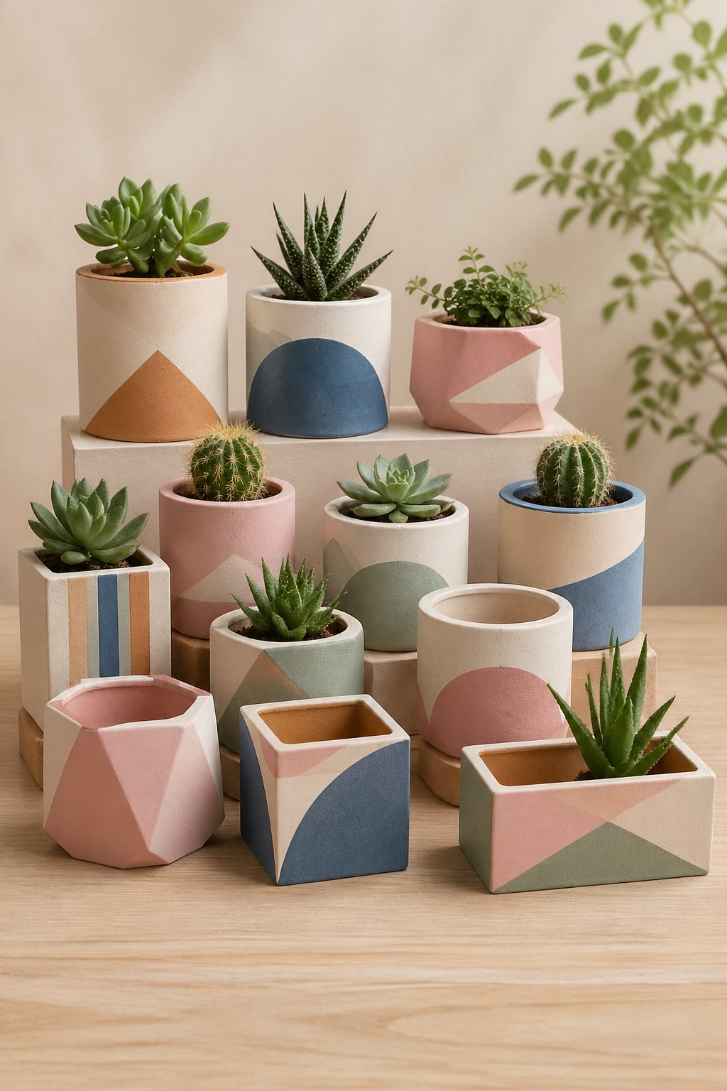 A collection of twelve painted clay planters with geometric designs, some holding small green plants, arranged on a wooden surface.