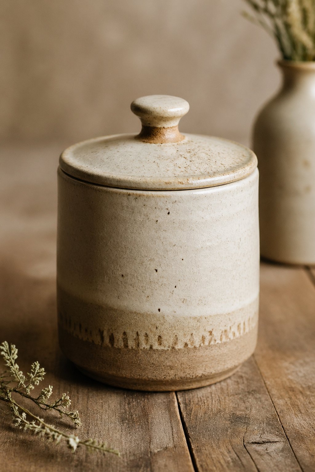 A handmade pottery storage jar with earthy tones placed on a wooden surface with soft natural lighting.