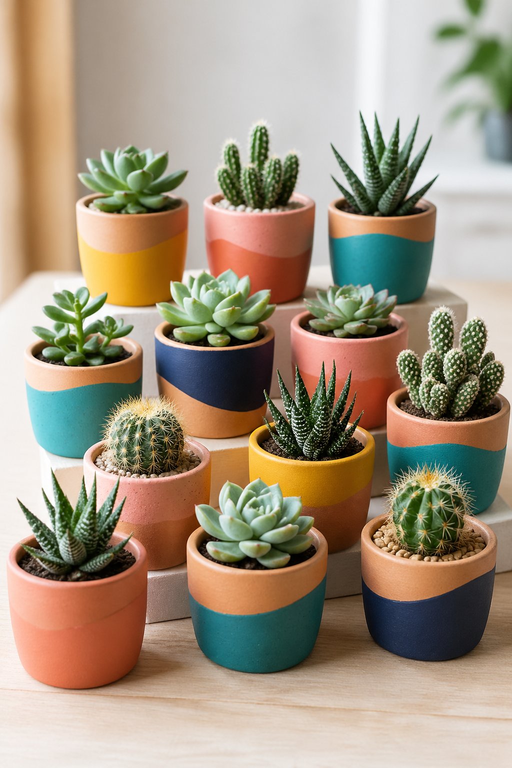 Twelve small colorful clay planters with green succulents arranged on a wooden surface.