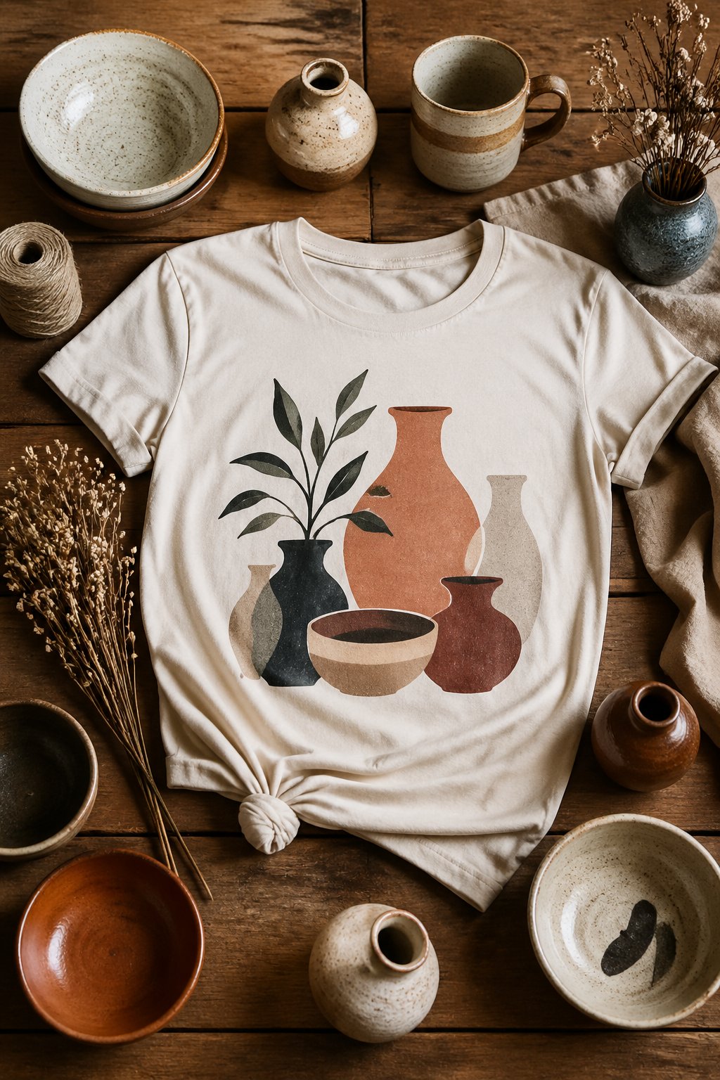 A flat lay of a pottery-themed t-shirt surrounded by handmade ceramic bowls, mugs, dried flowers, and a linen cloth on a wooden table.