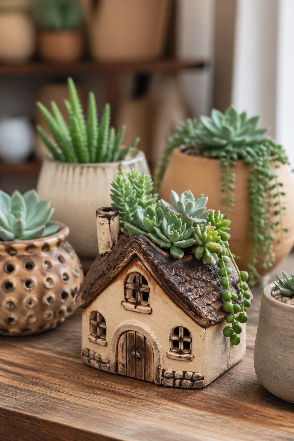 A small house-shaped clay pot filled with green succulents on a wooden surface, surrounded by other clay planters with succulents.