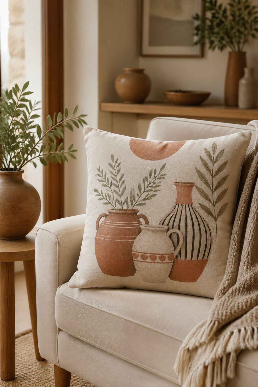 A pottery-themed cushion on a sofa with a pottery vase holding greenery on a side table nearby in a softly lit room.