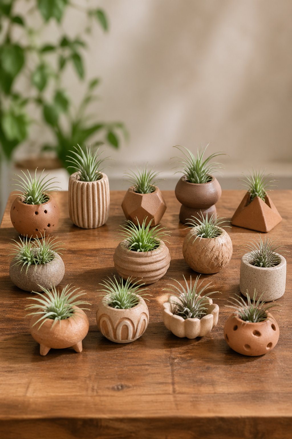 A collection of 12 handmade clay air plant holders with green air plants arranged on a wooden surface.