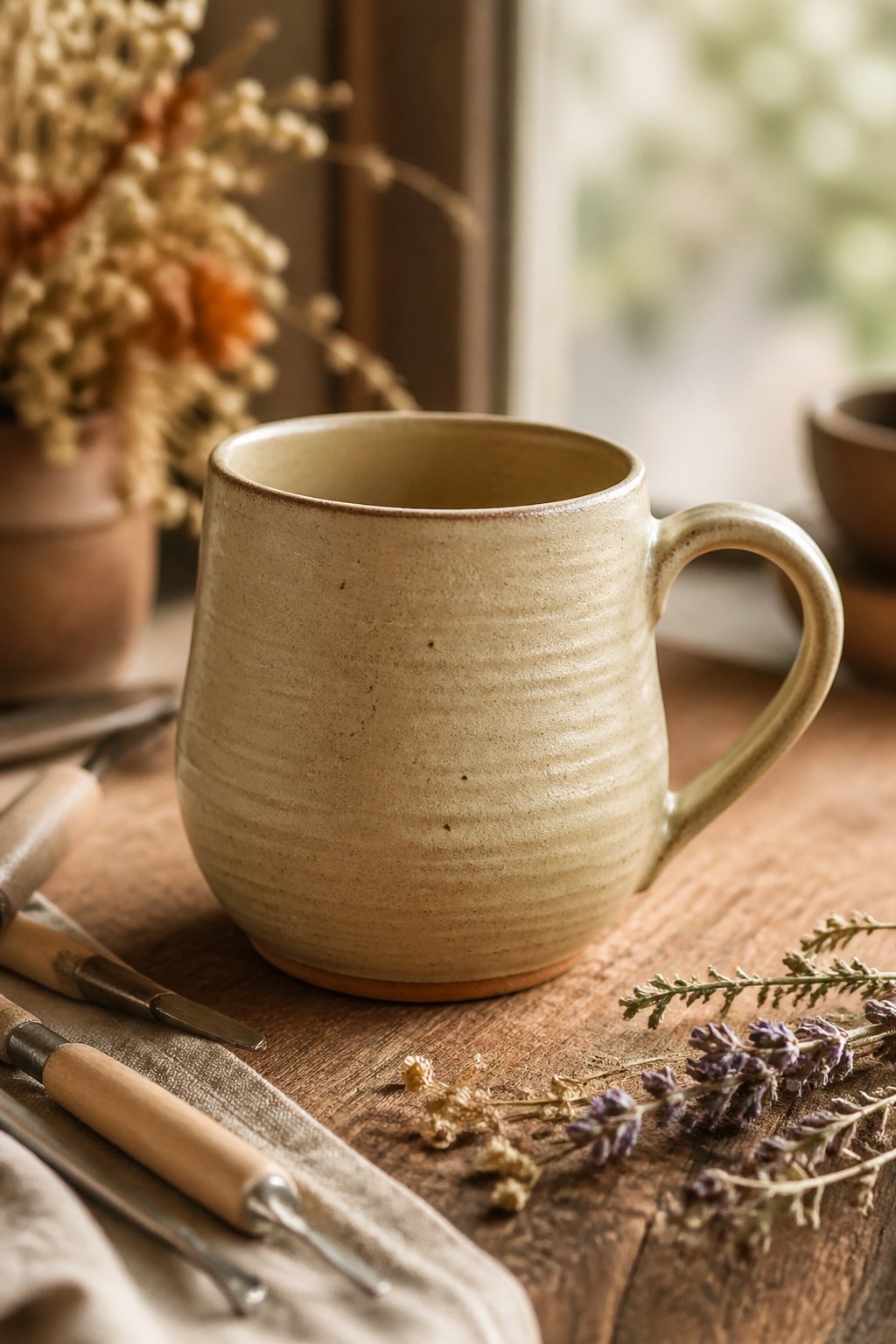 A handmade ceramic coffee mug on a wooden table surrounded by pottery tools and dried flowers.