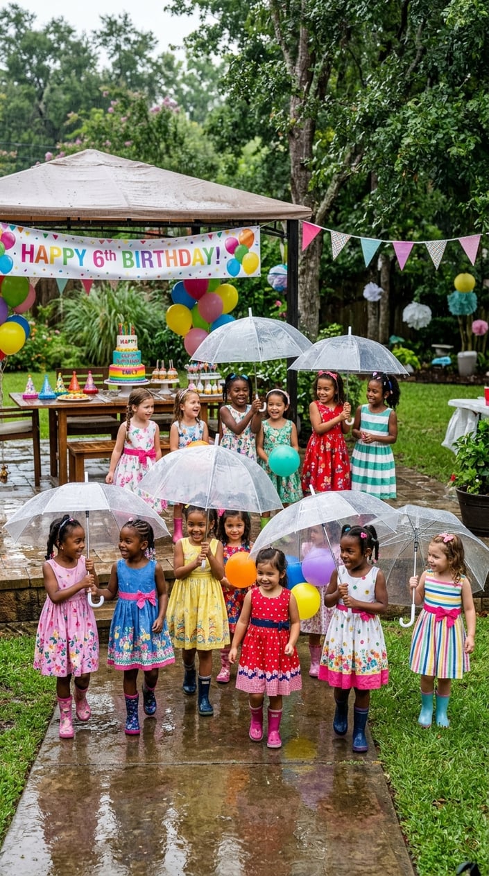 A group of young girls playing outside on a rainy day at a birthday party, holding umbrellas and smiling around a decorated table.
