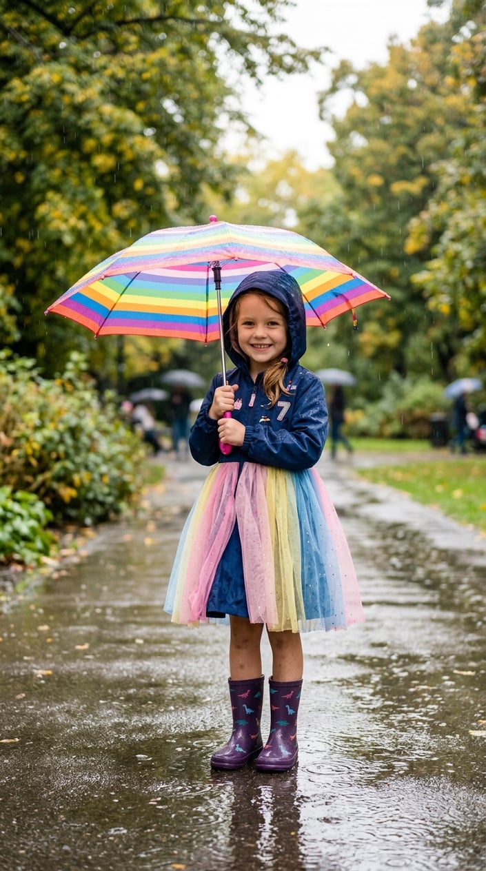 A young girl wearing a waterproof dress with a hood stands outside in the rain holding an umbrella.