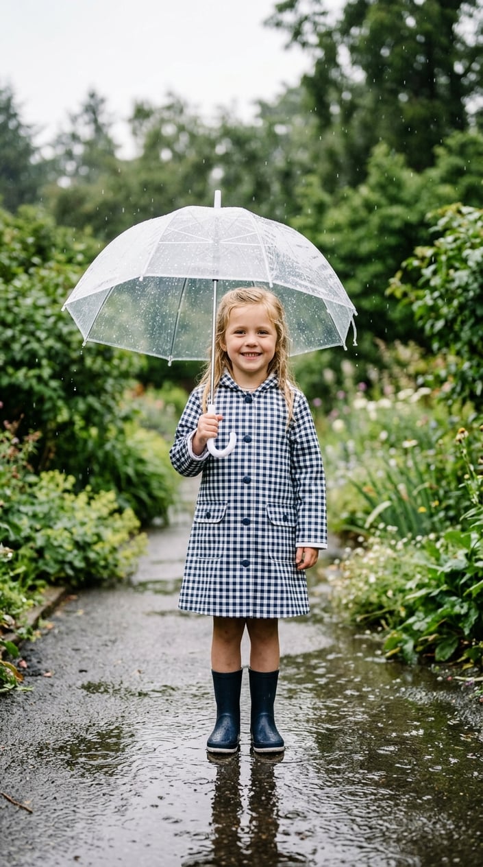 A young girl standing outside on a rainy day holding a transparent umbrella.