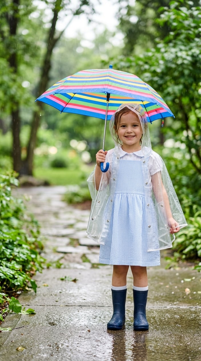 A young girl wearing a striped dress and clear rain cape stands outdoors in the rain holding an umbrella.