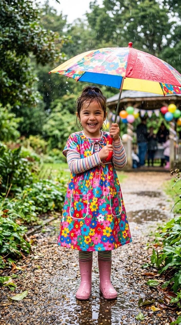 A young girl in a floral dress holding an umbrella outdoors on a rainy day, smiling happily.