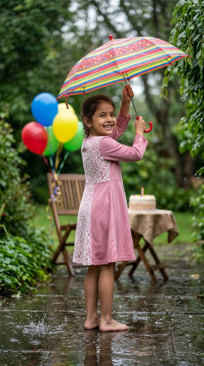 A young girl in a dress holding an umbrella outdoors on a rainy day with birthday decorations nearby.