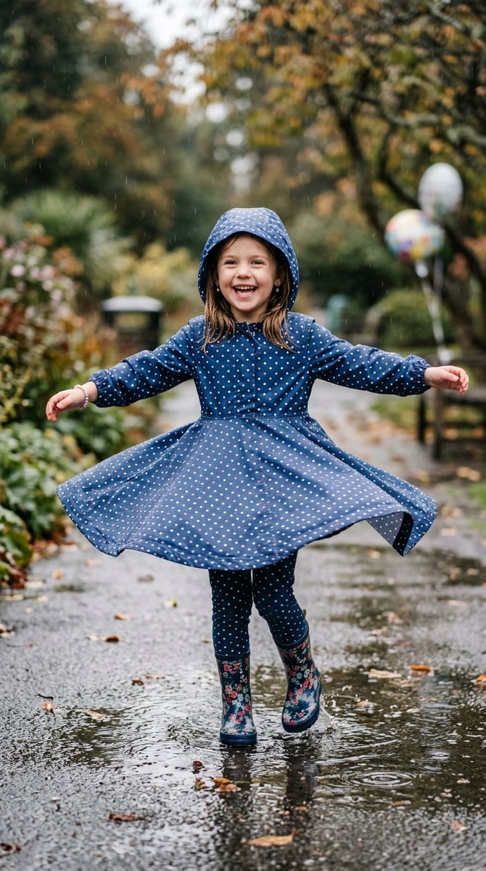 A young girl wearing a hooded dress is twirling happily outdoors on a rainy day with puddles around her.