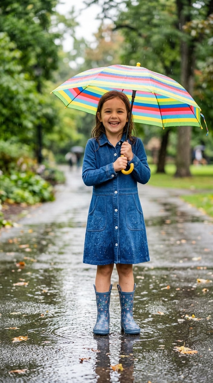 A young girl smiling and holding an umbrella while standing outside on a rainy day.