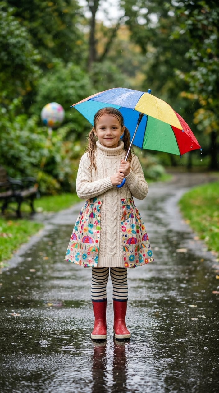 A young girl standing outside on a rainy day holding an umbrella, wearing a knit dress with a waterproof overskirt.