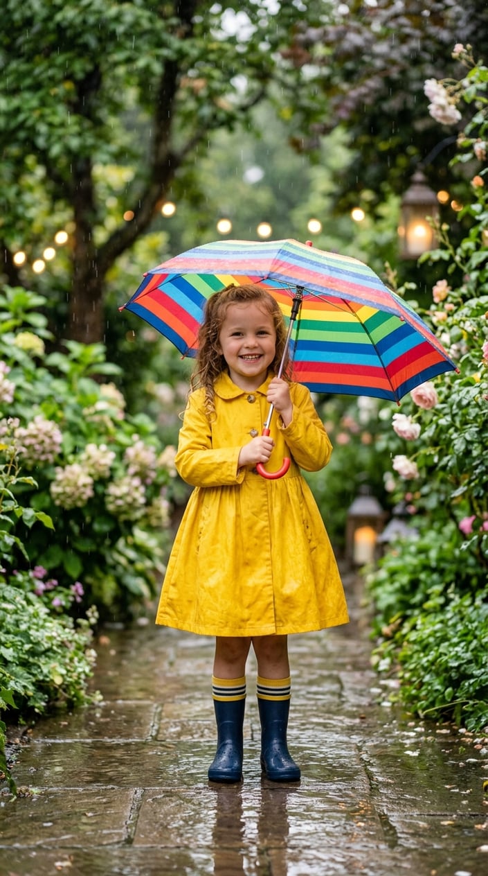 A young girl in a bright yellow dress holding an umbrella outdoors on a rainy day, smiling happily.