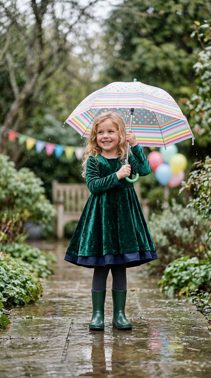 A young girl in a velvet dress holding an umbrella outdoors on a rainy day, smiling happily.