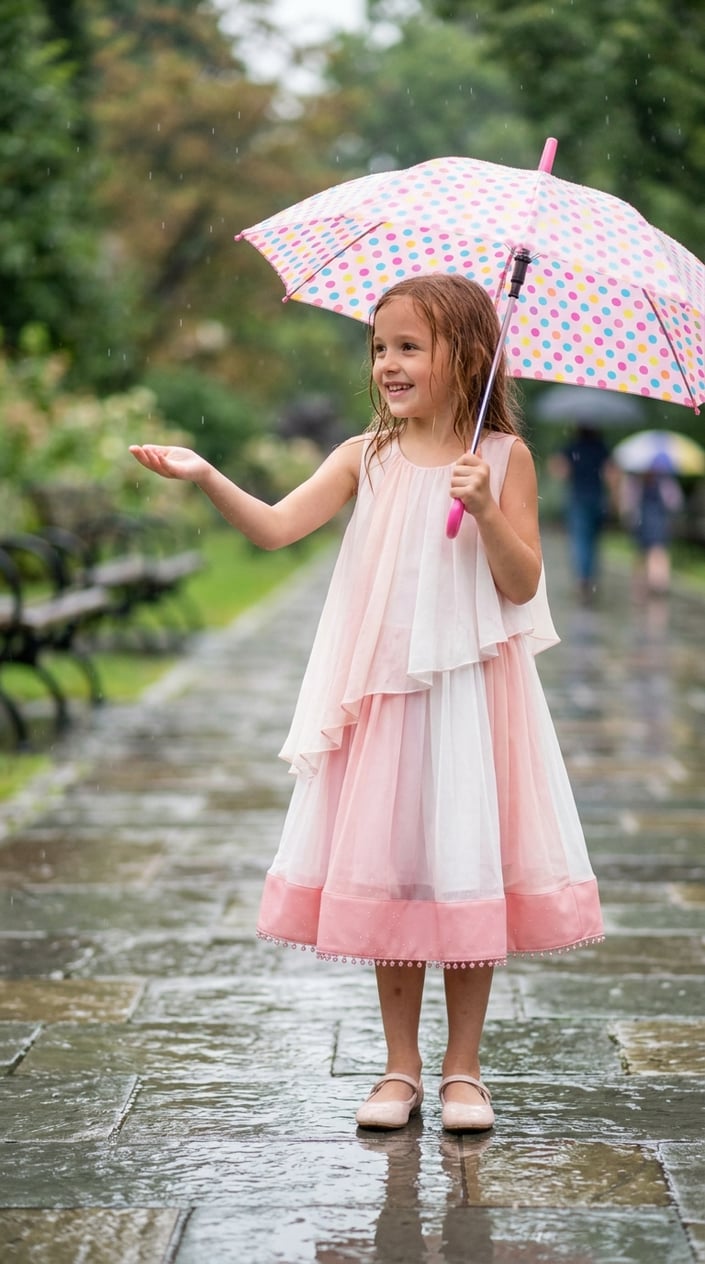 A young girl smiling outdoors in the rain, holding an umbrella and wearing a layered dress.