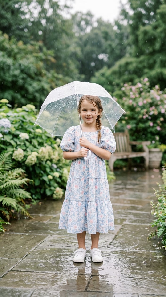 A young girl in a light dress with umbrella sleeves stands outside in the rain holding a small umbrella, smiling gently.
