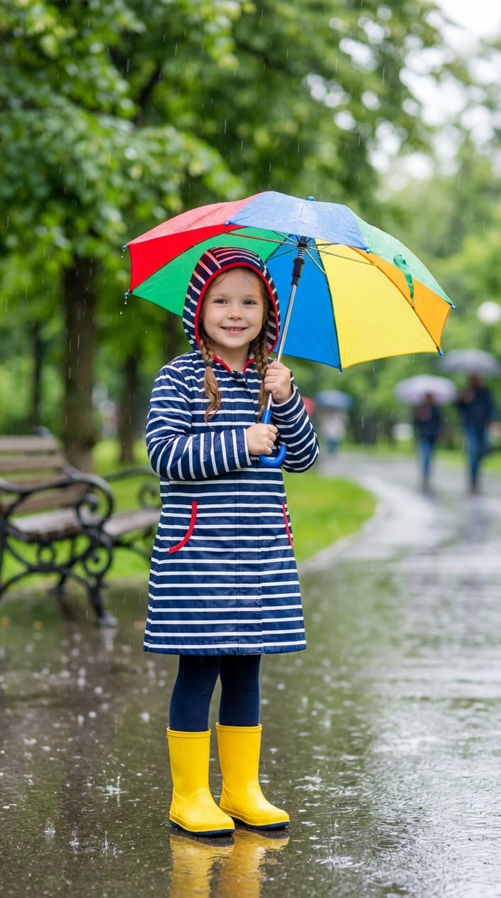 A young girl standing outside in the rain holding an umbrella.