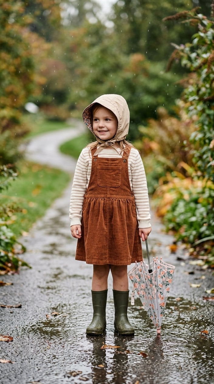 A young girl standing outside on a rainy day wearing a corduroy jumper and a rain bonnet.