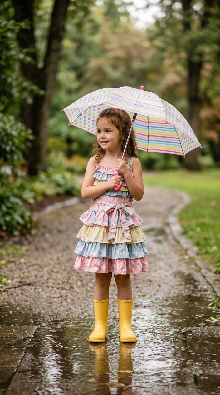 A young girl standing outside on a rainy day holding an umbrella, wearing a ruffled dress with a sash.