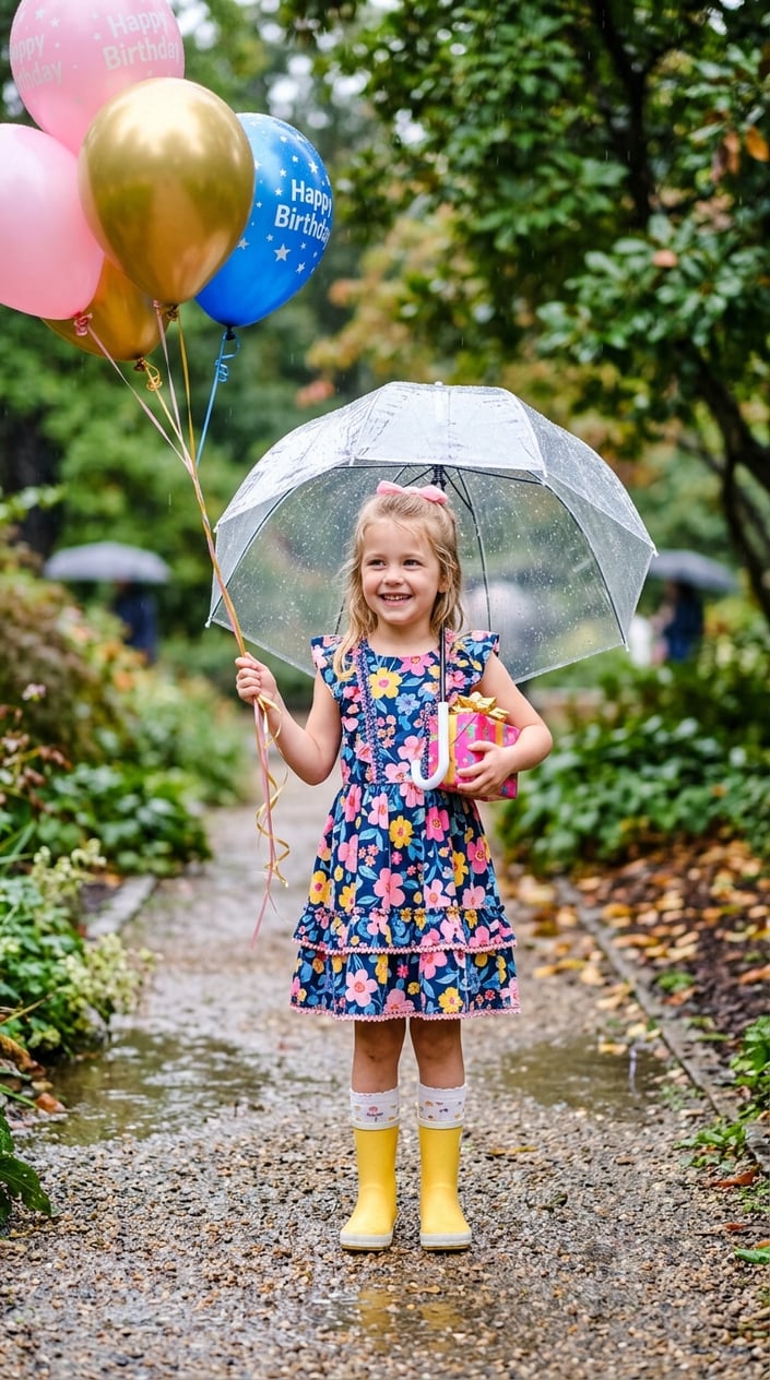 A little girl in a colorful dress holding a transparent umbrella outdoors on a rainy day, smiling and celebrating her birthday.
