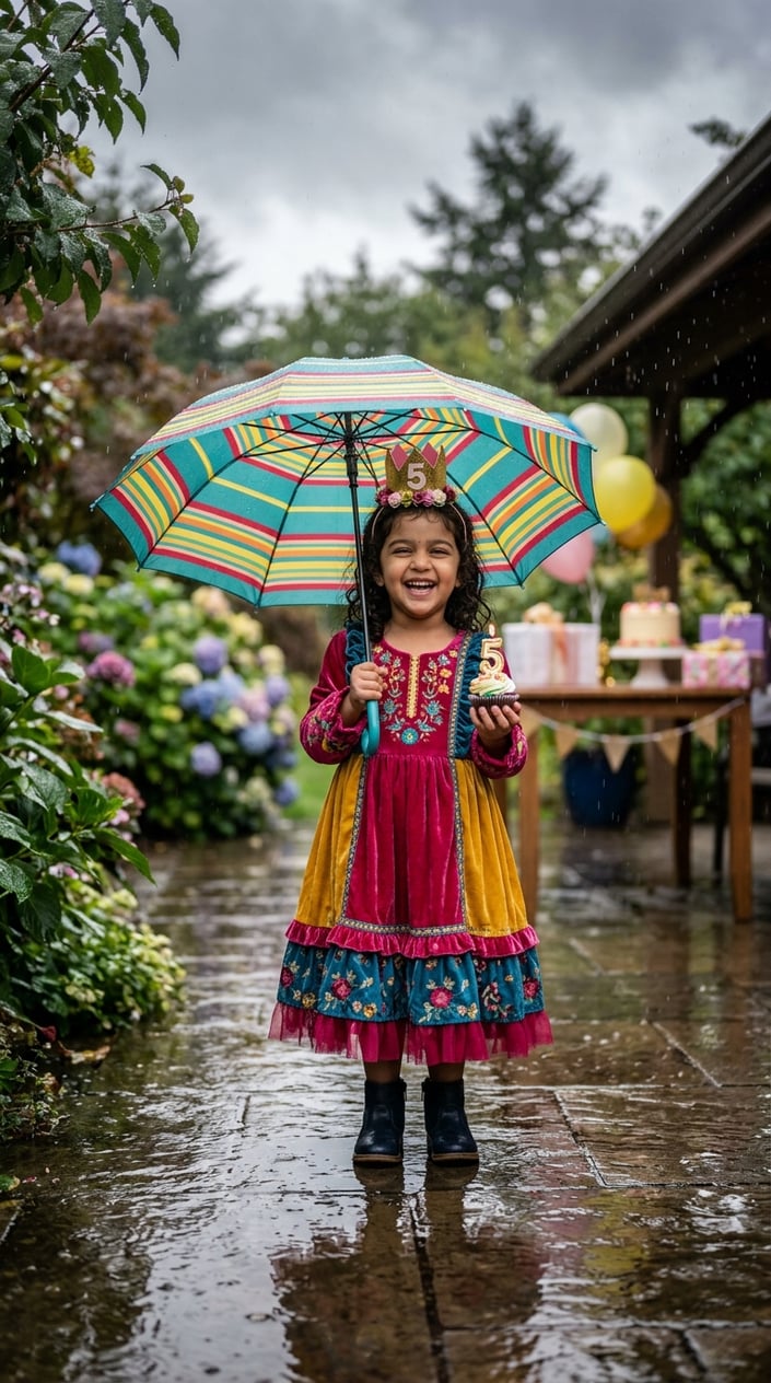 A little girl wearing a colorful dress stands under an umbrella on a rainy day, surrounded by wet pavement and raindrops.