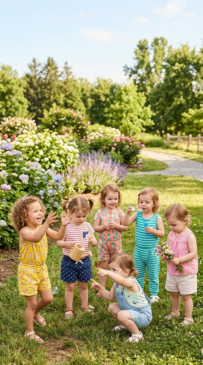 A group of toddler girls playing outside on a sunny day wearing various cute summer outfits that are not traditional dresses.