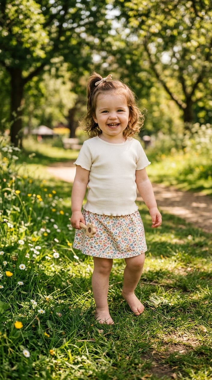 A toddler girl standing outdoors on grass wearing floral print skorts and a light top, smiling in the sunlight.