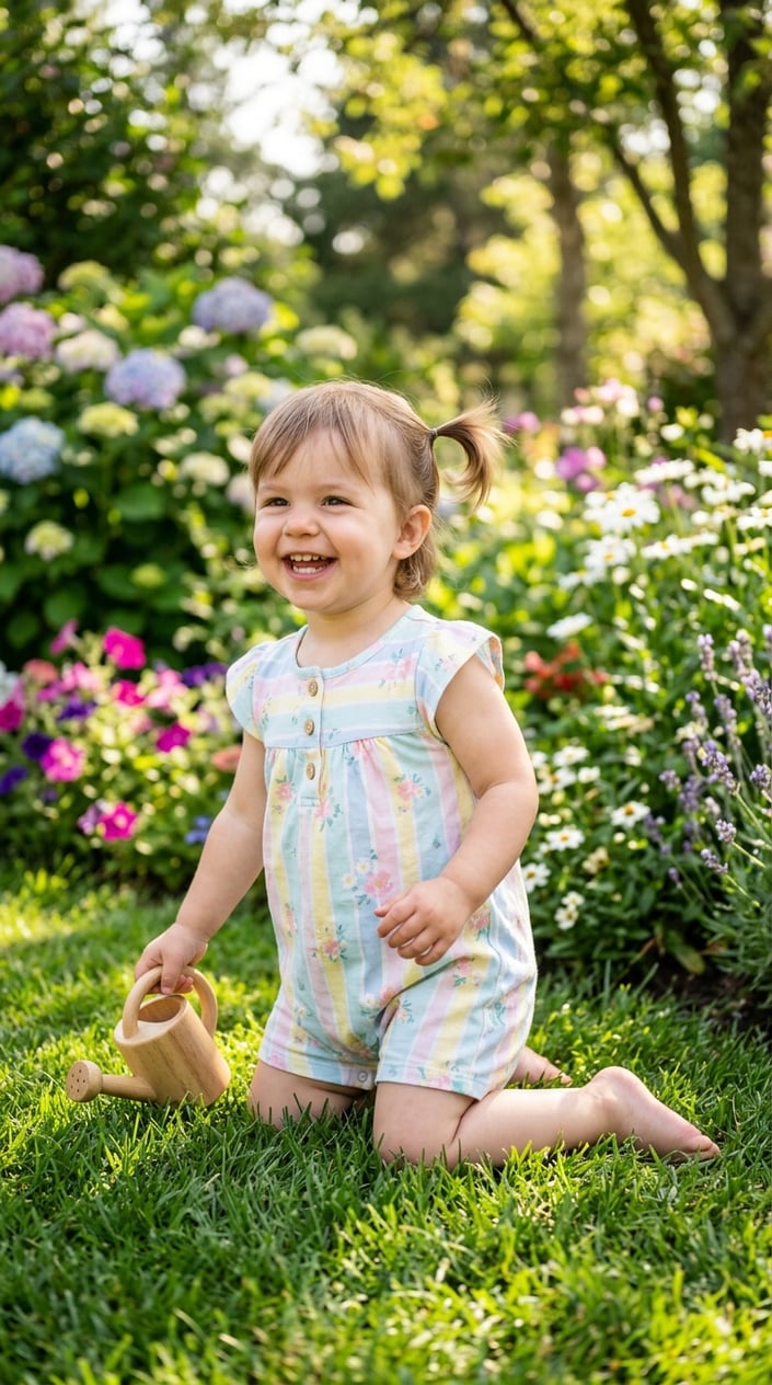 A toddler girl playing outside on a sunny day wearing a cap-sleeve romper.