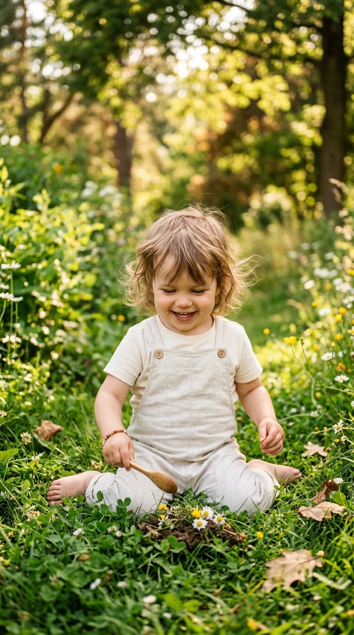 A toddler girl playing outside on a sunny day wearing light-colored overalls.