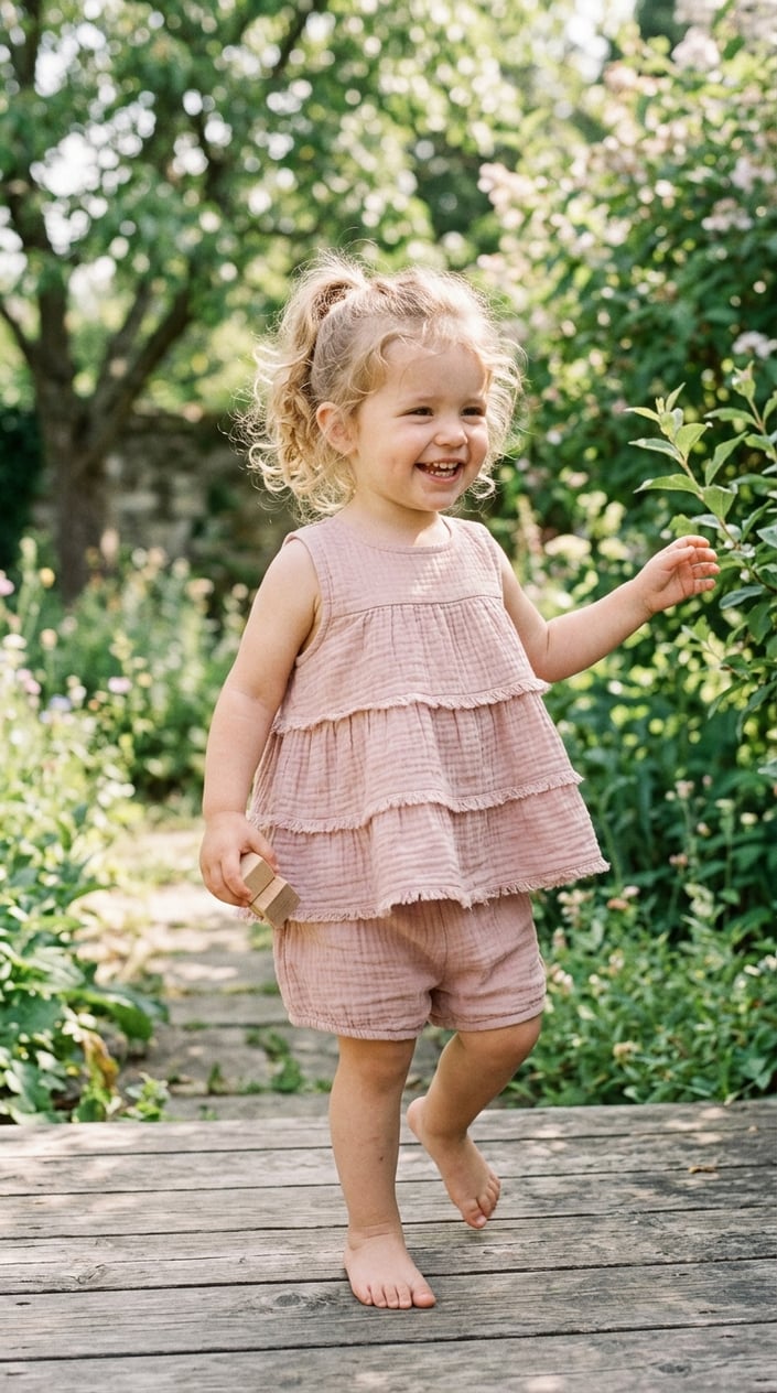 A toddler girl wearing a tiered cotton tunic and shorts playing outside on a sunny day.