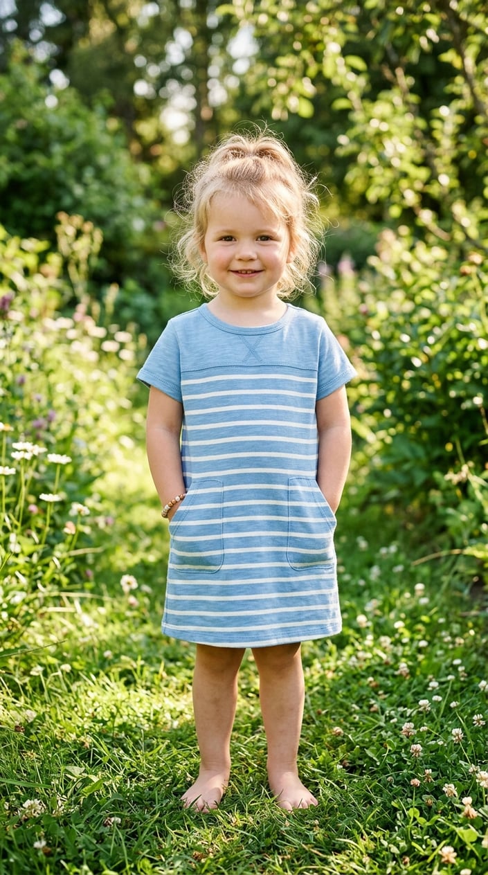 A toddler girl standing outdoors wearing a lightweight knit dress with pockets, smiling with her hands in the pockets.