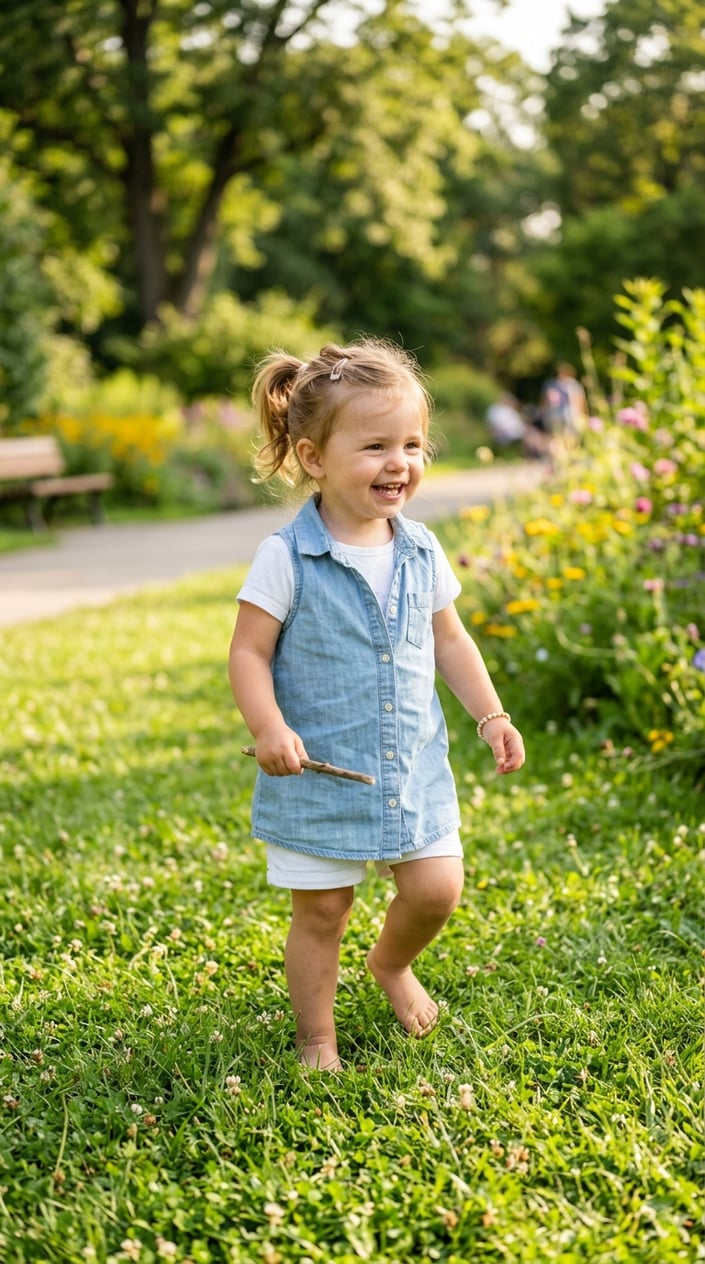 A toddler girl playing outside wearing a chambray dress open as a vest over a white t-shirt and shorts.