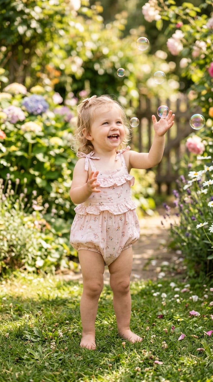 A toddler girl outdoors wearing a ruffled cotton onesie with adjustable straps, smiling and playing in a garden.