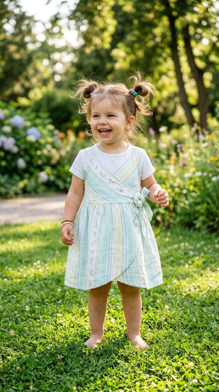 Toddler girl standing outside wearing a wrap-front sun dress layered over a short-sleeve tee, smiling and enjoying a sunny day.
