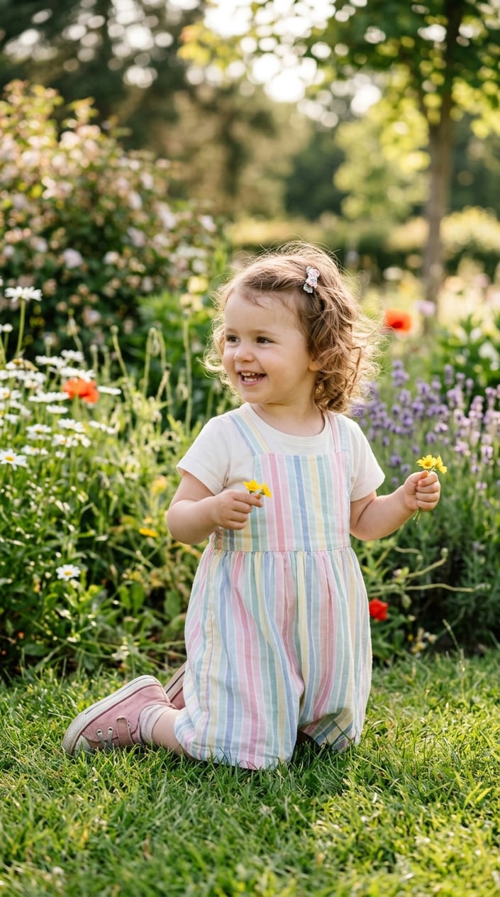 A toddler girl wearing a loose pinafore dress over a simple t-shirt, playing outside on a sunny day.