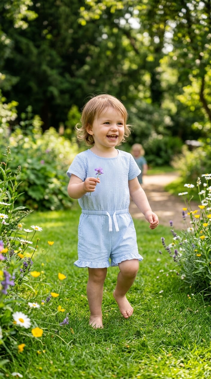 A toddler girl playing outside on grass wearing a striped playsuit on a sunny day.