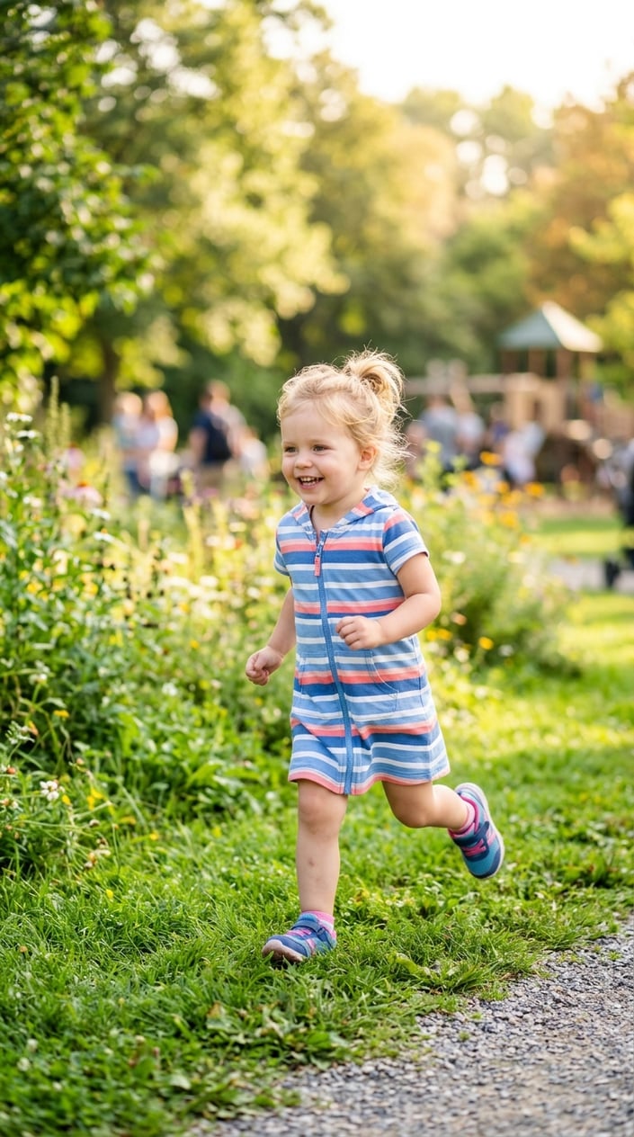 A toddler girl playing outdoors in a zip-front hooded dress on a sunny summer day.