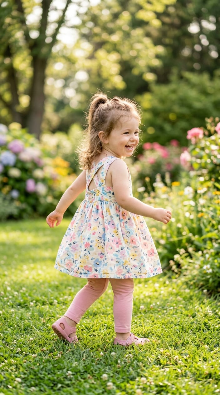 A toddler girl playing outside in a summer dress with leggings, standing in a green park on a sunny day.