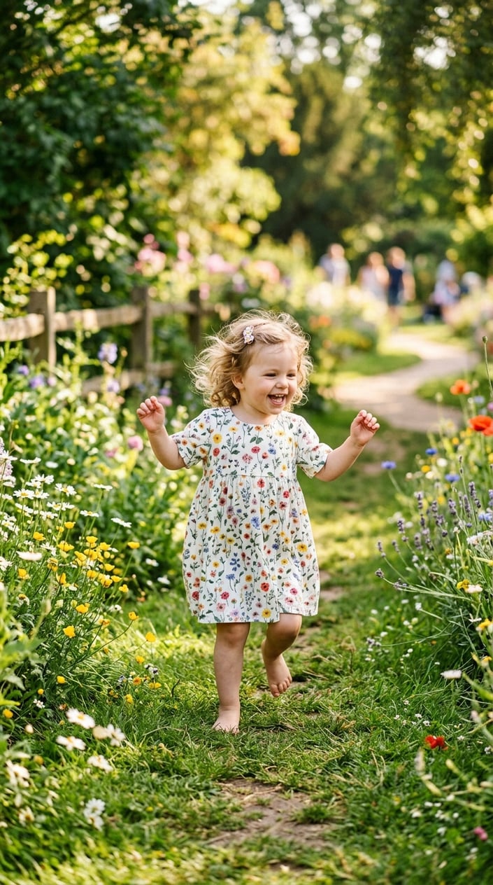 A toddler girl happily playing outside in a comfortable summer dress in a sunny garden.