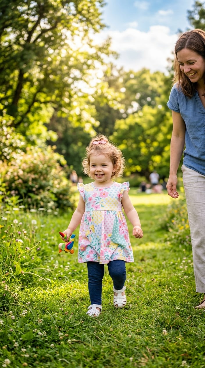A toddler girl wearing a comfortable summer dress stands confidently outdoors in a sunny park.