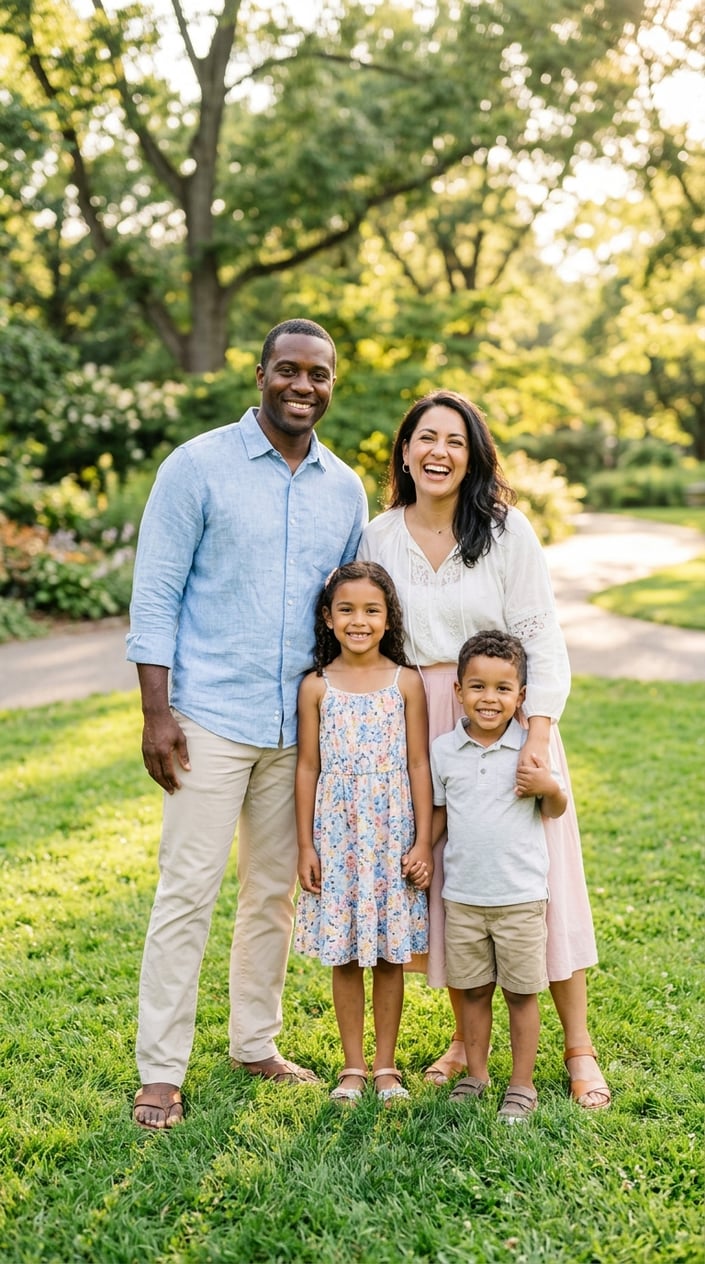 A family of four standing together outdoors in summer clothing, smiling and posing in a park.