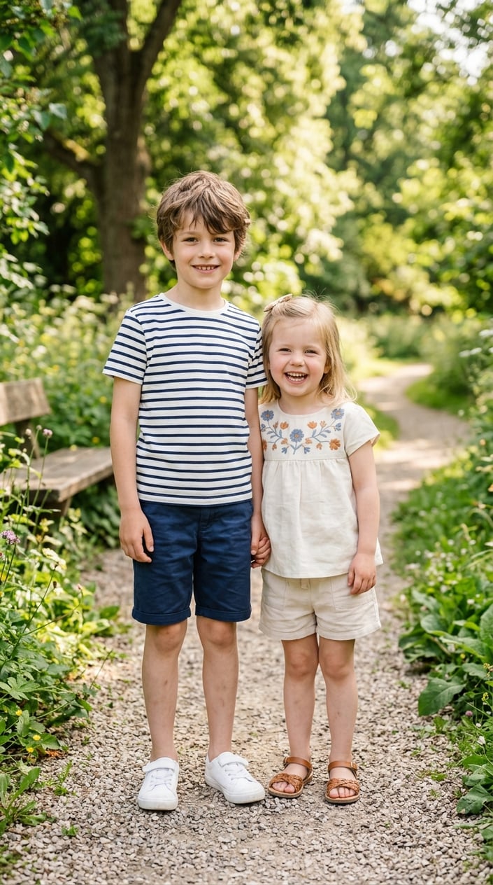 Two young siblings standing outdoors wearing coordinating summer outfits, smiling and posing together.
