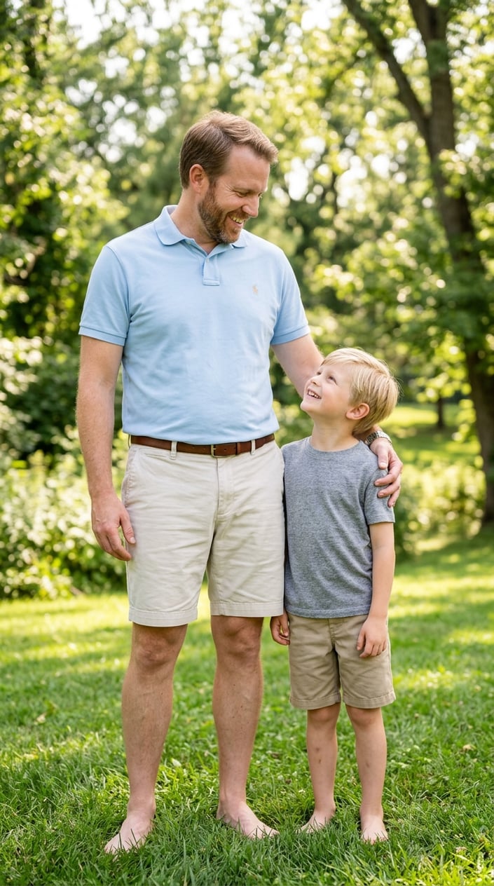 Father and son standing together outdoors, smiling and wearing coordinated summer outfits.