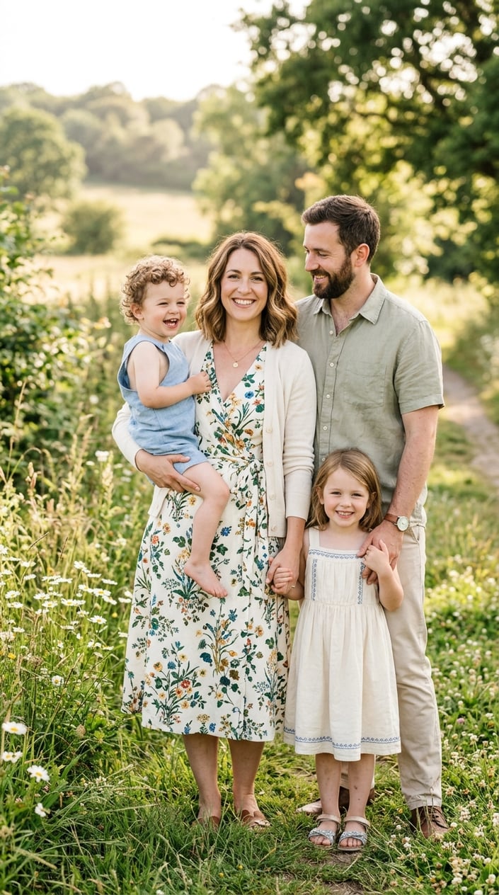 A mother wearing a floral wrap dress with a light cardigan stands outdoors with her family dressed in coordinated summer outfits.