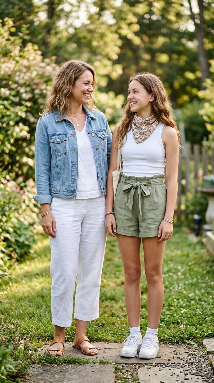 Two people standing outdoors wearing coordinated summer outfits, one in a denim jacket and the other in high-waist shorts, smiling and enjoying a sunny day.