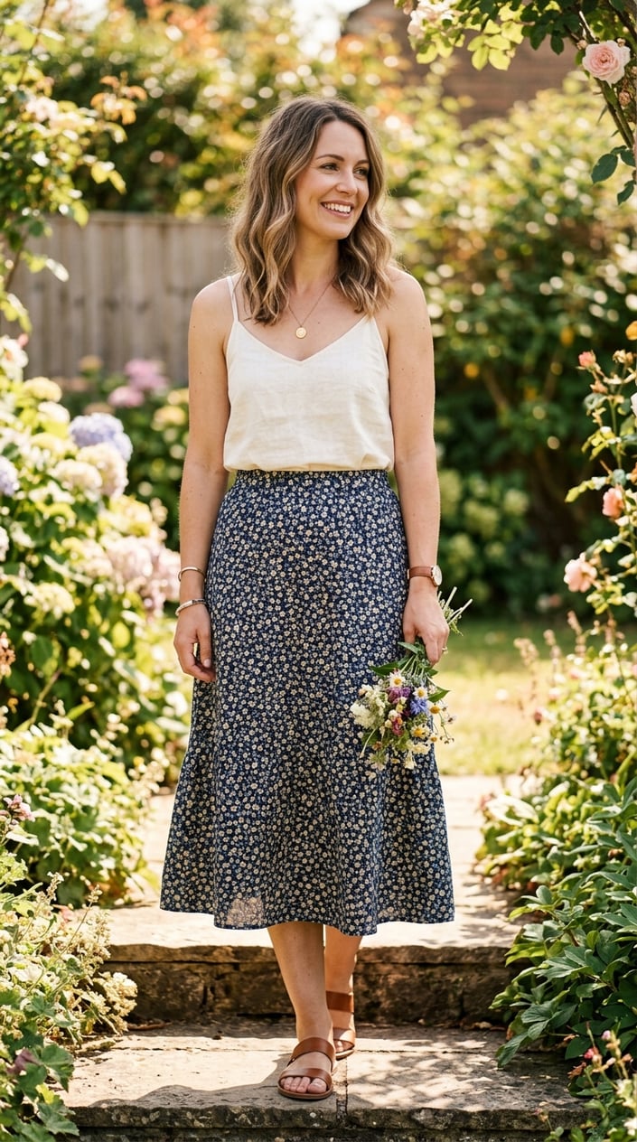 A woman outdoors wearing a floral midi skirt and cream camisole standing in soft sunlight with greenery in the background.