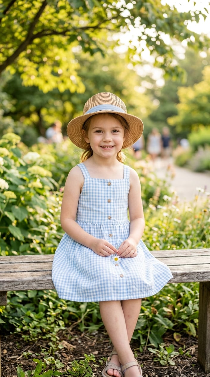 Young girl wearing a light blue gingham dress and a straw sunhat outdoors on a sunny day.