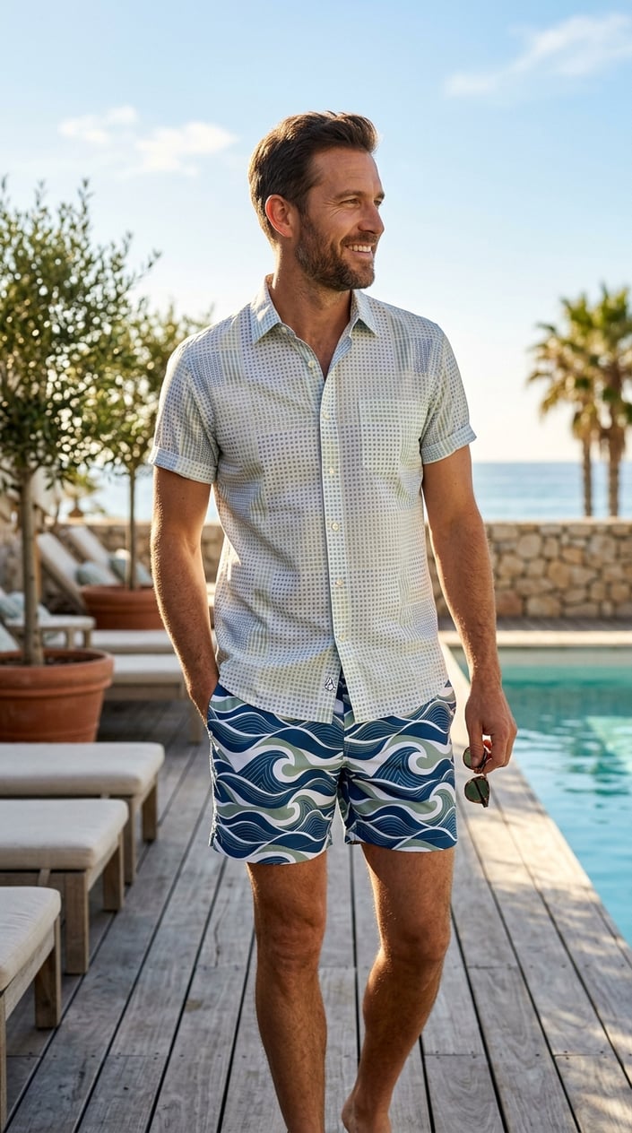 A man standing outdoors wearing a short-sleeve shirt and swim trunks with coordinated patterns in a sunny summer setting.